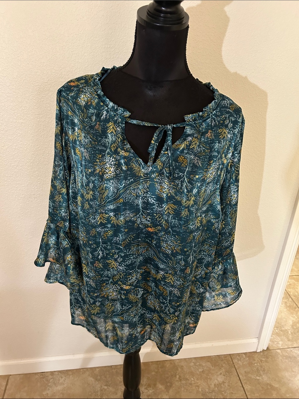 LC Lauren Conrad Teal Floral Tie-Front Blouse